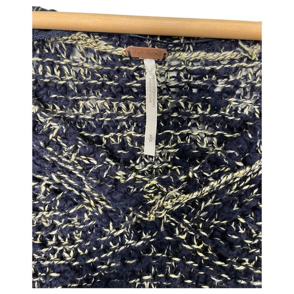 Free People Sweater Womens S High Low Open Knit V Neck Linen Cotton Blue Cream - Picture 8 of 15